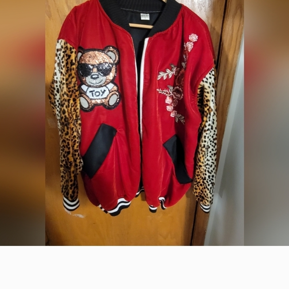 Red Teddy Bear Bomber Jacket with Leopard Sleeves